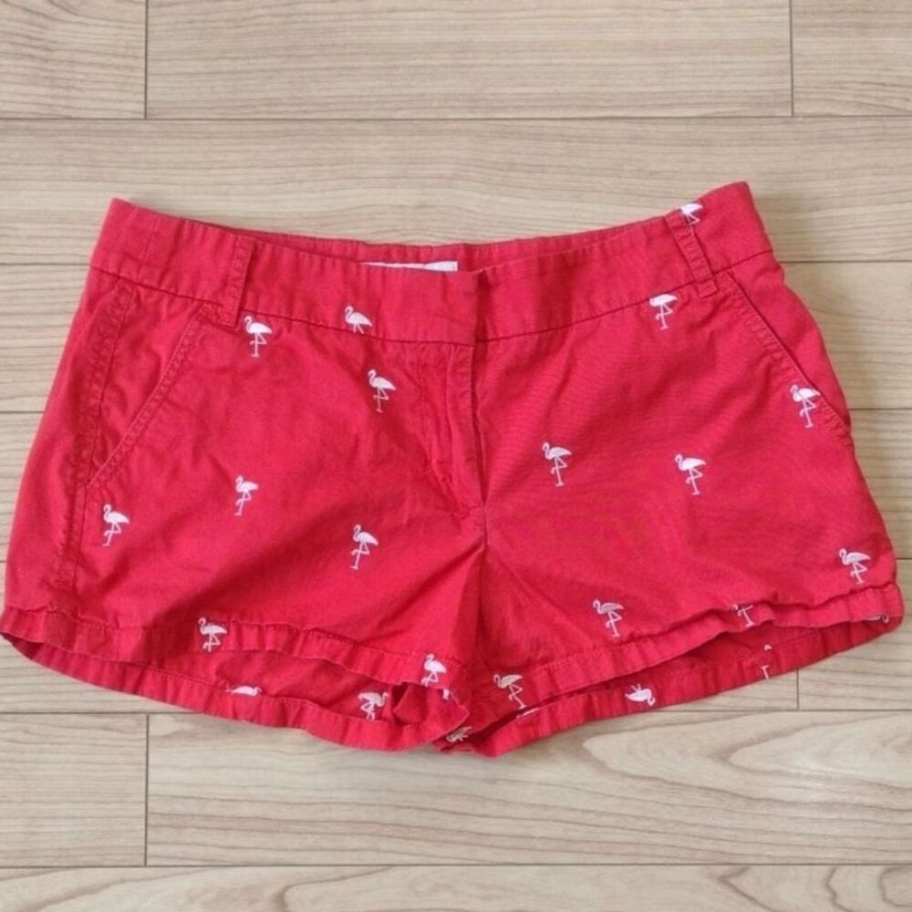 J. Crew Factory Red Chino Shorts with Embroidered White Flamingos Size 8